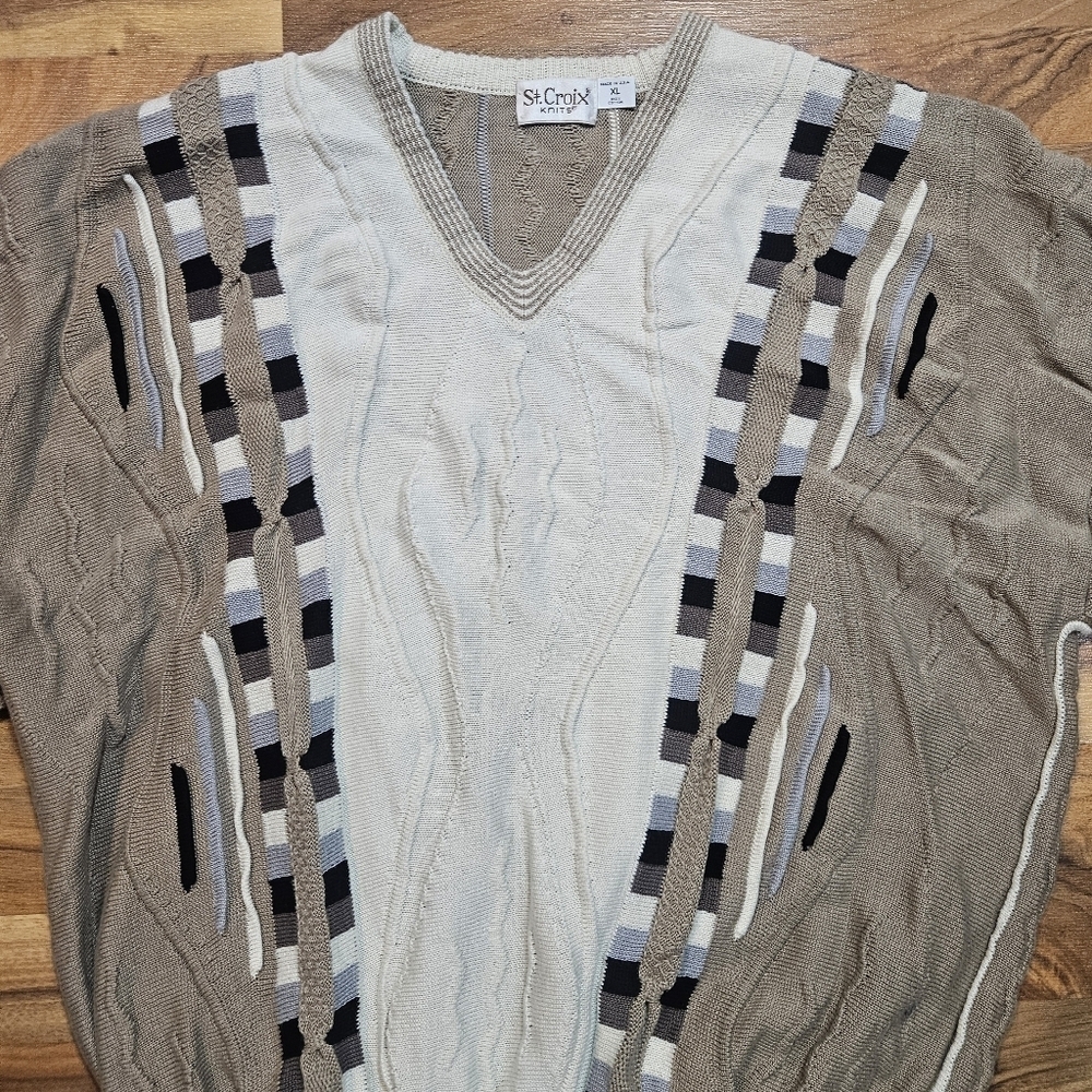 St Croix Knits Textured Sweater Men’s XL Made in USA Beige Cotton 90s Retro - Picture 2 of 6